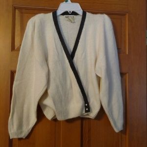 Reference Point Womens Angora Cardigan Sweater Ivory w/Grey trim Sz M